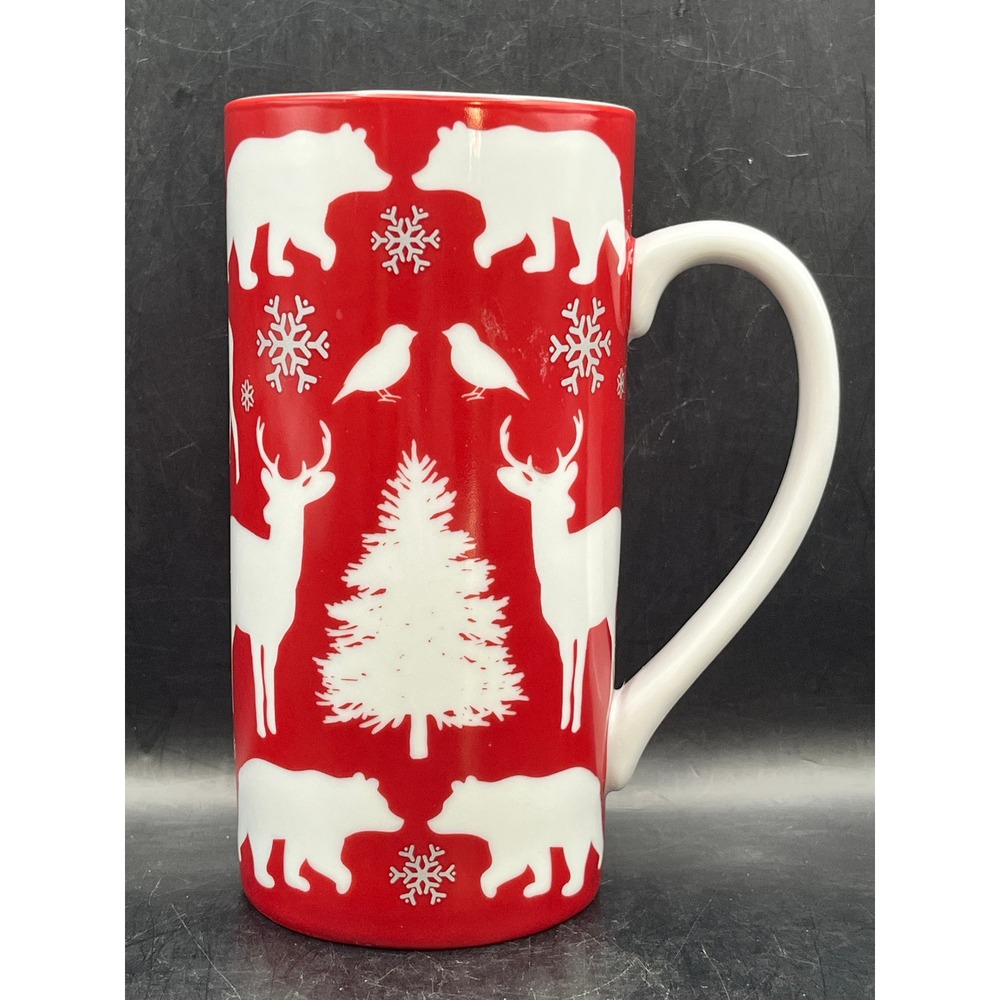 Food Network Red White Woodland Animal Porcelain Tall Coffee Mug Christmas 16oz‎